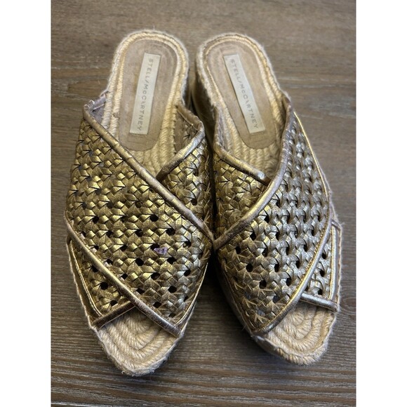 Stella McCartney Gold Wicker Crisscross Platform Espadrille Sandals EU 38 - Picture 4 of 10